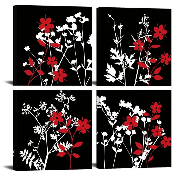 Multicolor_4_Pieces_Black_and_White_Red_Flower_Canvas_Wall_Art_Abstract_Painting_Picture_Print_Blooming_Floral_Artwork_Modern_Contemporary_Crimson_Home_Decor_|_For_Living_Room_Bathroom_Zen_Art_12x12x4pcs