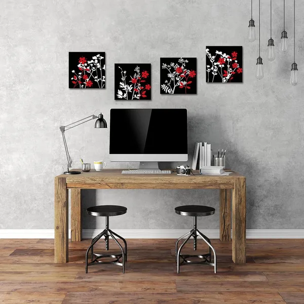 Multicolor_4_Pieces_Black_and_White_Red_Flower_Canvas_Wall_Art_Abstract_Painting_Picture_Print_Blooming_Floral_Artwork_Modern_Contemporary_Crimson_Home_Decor_|_For_Living_Room_Bathroom_Zen_Art_12x12x4pcs