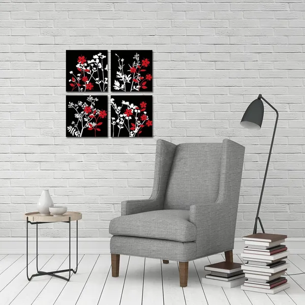 Multicolor_4_Pieces_Black_and_White_Red_Flower_Canvas_Wall_Art_Abstract_Painting_Picture_Print_Blooming_Floral_Artwork_Modern_Contemporary_Crimson_Home_Decor_|_For_Living_Room_Bathroom_Zen_Art_12x12x4pcs