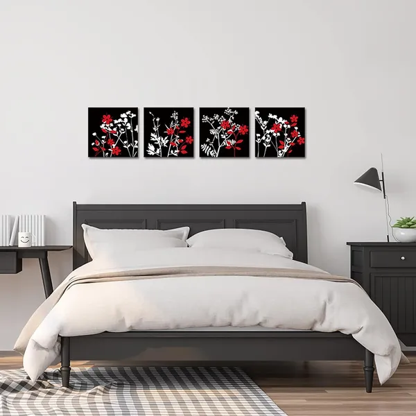 Multicolor_4_Pieces_Black_and_White_Red_Flower_Canvas_Wall_Art_Abstract_Painting_Picture_Print_Blooming_Floral_Artwork_Modern_Contemporary_Crimson_Home_Decor_|_For_Living_Room_Bathroom_Zen_Art_12x12x4pcs