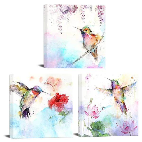 Multicolor_3Pcs_Bird_Canvas_Wall_Art_Animal_Picture_Artwork_Hummingbirds_and_Red_Purple_Flower_Canvas_Print_Abstract_Painting_Vintage_Wall_Decor_|_For_Bedroom_Office_Farmhouse_12x12inchx3pcs_(Small)