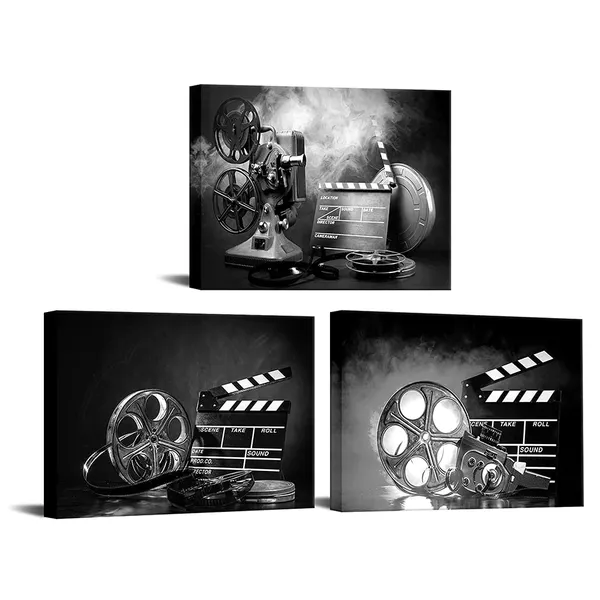 Multicolor_3_Piece_Black_and_White_Canvas_Wall_Art_Filmmaking_Concept_Scene_Pictures_Classic_Old_Fashion_Film_Reels_Poster_Artwork_|_For_Bar_Pub_Home_Movie_Theater_Media_Room_Decor_Ready_to_Hang_12x16inchx3pcs
