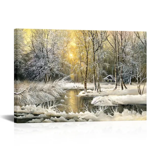 Multicolor_Winter_Snow_Canvas_Wall_Art_Sunrise_|_Forest_Tree_with_River_Nature_Landscape_Painting_Prints_Frozen_Lake_Wilderness_Illustrations_Scene_Poster_Framed_|_For_Modern_Home_Living_Room_16x24inch