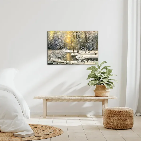 Multicolor_Winter_Snow_Canvas_Wall_Art_Sunrise_|_Forest_Tree_with_River_Nature_Landscape_Painting_Prints_Frozen_Lake_Wilderness_Illustrations_Scene_Poster_Framed_|_For_Modern_Home_Living_Room_16x24inch