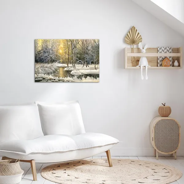 Multicolor_Winter_Snow_Canvas_Wall_Art_Sunrise_|_Forest_Tree_with_River_Nature_Landscape_Painting_Prints_Frozen_Lake_Wilderness_Illustrations_Scene_Poster_Framed_|_For_Modern_Home_Living_Room_16x24inch