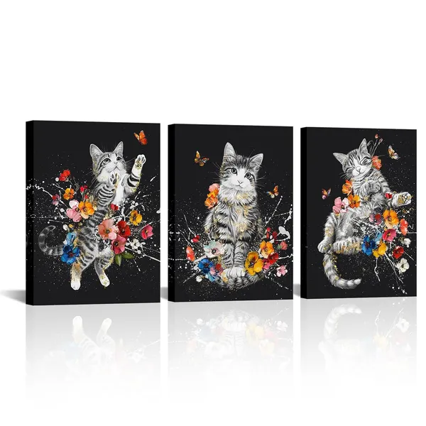 Multicolor_3_Pieces_Cat_Canvas_Wall_Art_Black_and_White_Animal_Pet_with_Colorful_Flower_Butterfly_Painting_Pictures_Cute_Kitten_Floral_Print_Poster_|_For_Girls_Kids_Room_Decor_Bedroom_12x16inchx3pcs