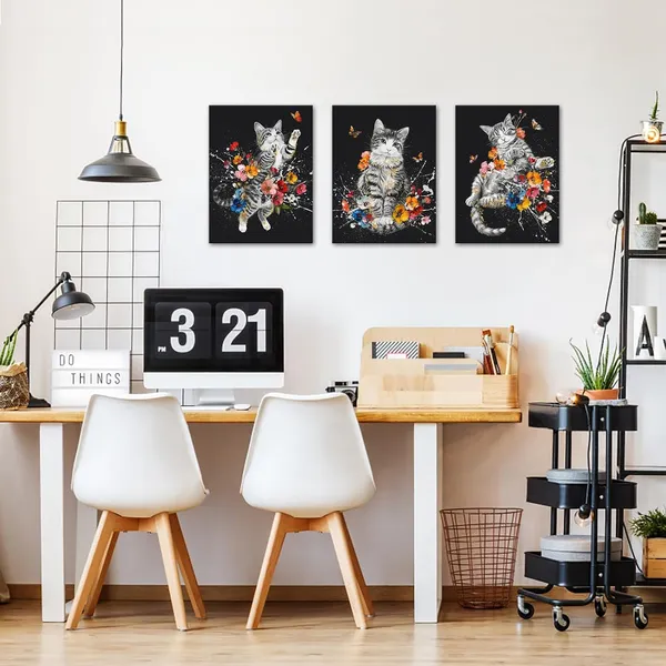 Multicolor_3_Pieces_Cat_Canvas_Wall_Art_Black_and_White_Animal_Pet_with_Colorful_Flower_Butterfly_Painting_Pictures_Cute_Kitten_Floral_Print_Poster_|_For_Girls_Kids_Room_Decor_Bedroom_12x16inchx3pcs