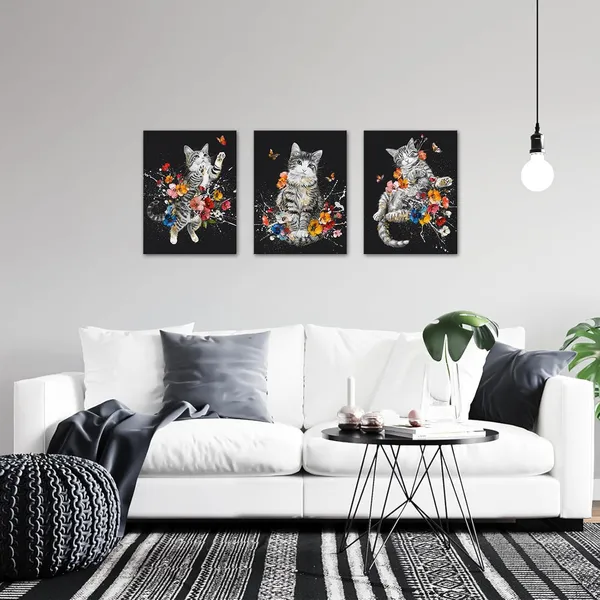 Multicolor_3_Pieces_Cat_Canvas_Wall_Art_Black_and_White_Animal_Pet_with_Colorful_Flower_Butterfly_Painting_Pictures_Cute_Kitten_Floral_Print_Poster_|_For_Girls_Kids_Room_Decor_Bedroom_12x16inchx3pcs