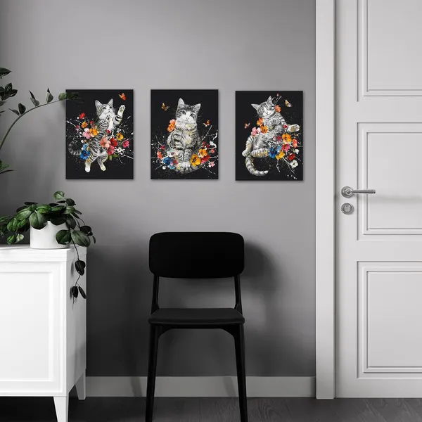 Multicolor_3_Pieces_Cat_Canvas_Wall_Art_Black_and_White_Animal_Pet_with_Colorful_Flower_Butterfly_Painting_Pictures_Cute_Kitten_Floral_Print_Poster_|_For_Girls_Kids_Room_Decor_Bedroom_12x16inchx3pcs