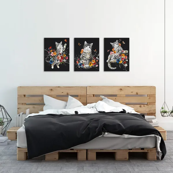 Multicolor_3_Pieces_Cat_Canvas_Wall_Art_Black_and_White_Animal_Pet_with_Colorful_Flower_Butterfly_Painting_Pictures_Cute_Kitten_Floral_Print_Poster_|_For_Girls_Kids_Room_Decor_Bedroom_12x16inchx3pcs