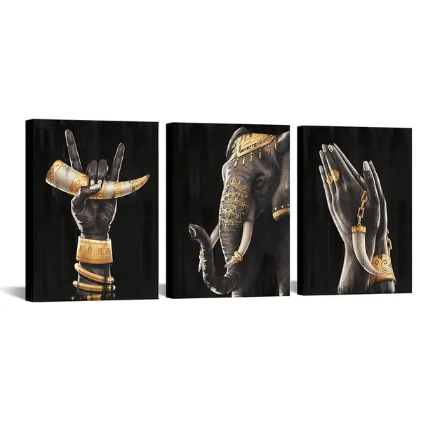 Multicolor_3_Piece_African_Elephant_Canvas_Prints_Wall_Art_Painting_American_Black_Women_Hands_with_Ivory_Golden_Artwork_Modern_Picture_|_For_Living_Room_Bathroom_Home_Decor_12x16inchx3pcs