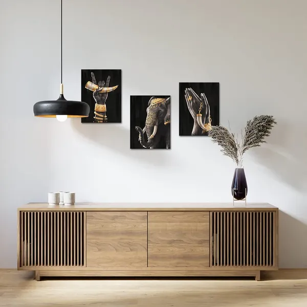 Multicolor_3_Piece_African_Elephant_Canvas_Prints_Wall_Art_Painting_American_Black_Women_Hands_with_Ivory_Golden_Artwork_Modern_Picture_|_For_Living_Room_Bathroom_Home_Decor_12x16inchx3pcs
