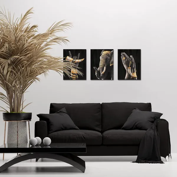 Multicolor_3_Piece_African_Elephant_Canvas_Prints_Wall_Art_Painting_American_Black_Women_Hands_with_Ivory_Golden_Artwork_Modern_Picture_|_For_Living_Room_Bathroom_Home_Decor_12x16inchx3pcs