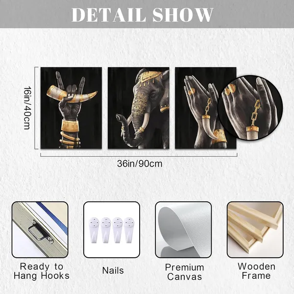 Multicolor_3_Piece_African_Elephant_Canvas_Prints_Wall_Art_Painting_American_Black_Women_Hands_with_Ivory_Golden_Artwork_Modern_Picture_|_For_Living_Room_Bathroom_Home_Decor_12x16inchx3pcs