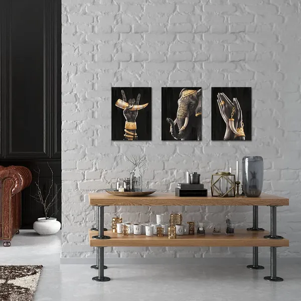 Multicolor_3_Piece_African_Elephant_Canvas_Prints_Wall_Art_Painting_American_Black_Women_Hands_with_Ivory_Golden_Artwork_Modern_Picture_|_For_Living_Room_Bathroom_Home_Decor_12x16inchx3pcs