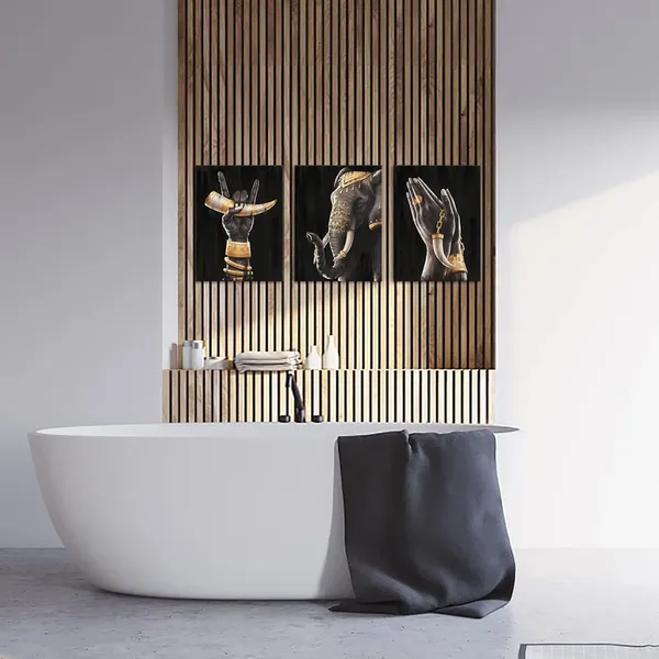 Multicolor_3_Piece_African_Elephant_Canvas_Prints_Wall_Art_Painting_American_Black_Women_Hands_with_Ivory_Golden_Artwork_Modern_Picture_|_For_Living_Room_Bathroom_Home_Decor_12x16inchx3pcs