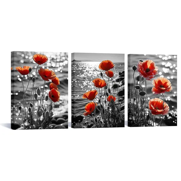 Multicolor_3_Pieces_Black_and_White_Floral_Canvas_Wall_Art_Burnt_Orange_Flower_Poppy_Blossom_Coastal_Picture_Painting_Nature_Wildflower_Scenery_Print_Poster_|_For_Home_Decor_Living_Room_12x16inchx3pcs