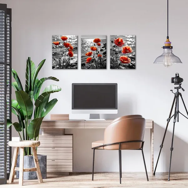 Multicolor_3_Pieces_Black_and_White_Floral_Canvas_Wall_Art_Burnt_Orange_Flower_Poppy_Blossom_Coastal_Picture_Painting_Nature_Wildflower_Scenery_Print_Poster_|_For_Home_Decor_Living_Room_12x16inchx3pcs