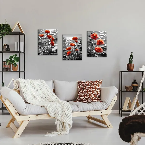Multicolor_3_Pieces_Black_and_White_Floral_Canvas_Wall_Art_Burnt_Orange_Flower_Poppy_Blossom_Coastal_Picture_Painting_Nature_Wildflower_Scenery_Print_Poster_|_For_Home_Decor_Living_Room_12x16inchx3pcs