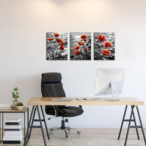 Multicolor_3_Pieces_Black_and_White_Floral_Canvas_Wall_Art_Burnt_Orange_Flower_Poppy_Blossom_Coastal_Picture_Painting_Nature_Wildflower_Scenery_Print_Poster_|_For_Home_Decor_Living_Room_12x16inchx3pcs