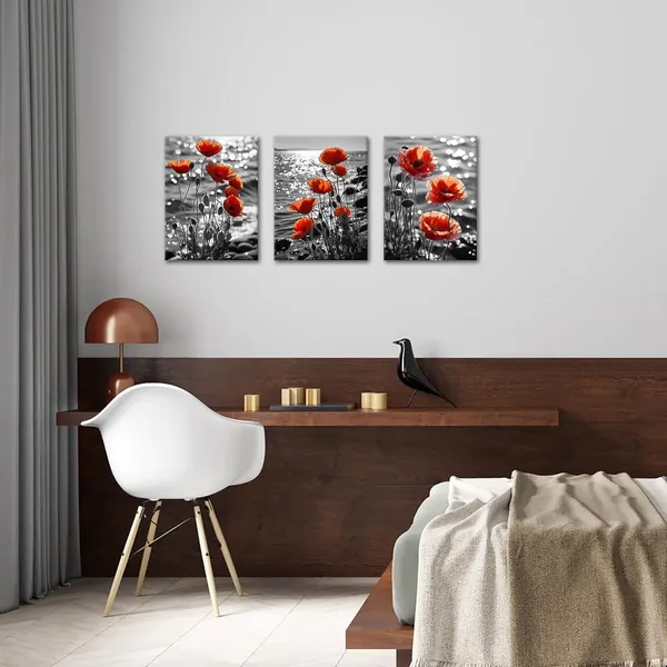 Multicolor_3_Pieces_Black_and_White_Floral_Canvas_Wall_Art_Burnt_Orange_Flower_Poppy_Blossom_Coastal_Picture_Painting_Nature_Wildflower_Scenery_Print_Poster_|_For_Home_Decor_Living_Room_12x16inchx3pcs