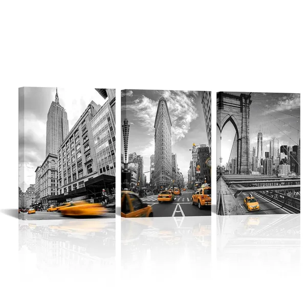 Multicolor_3_Piece_Black_and_White_New_York_City_Canvas_Wall_Art_Modern_Brooklyn_Bridge_NYC_Flatiron_and_Empire_State_Building_Picture_Prints_Orange_Taxi_Car_Painting_Home_Office_Decor_12x16inchx3pcs