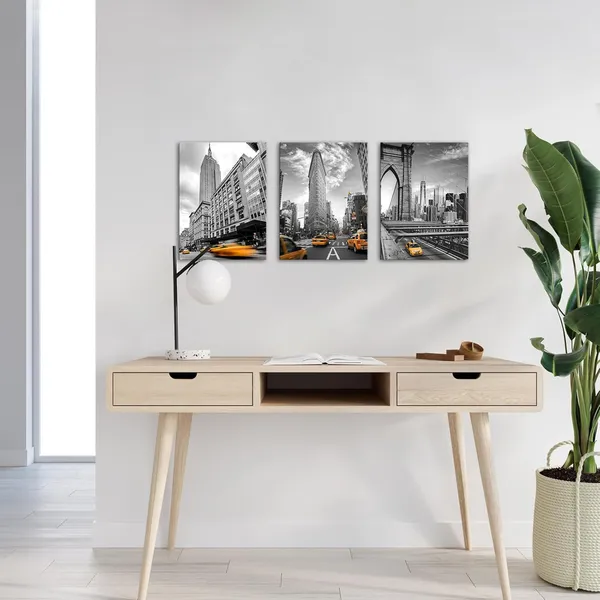Multicolor_3_Piece_Black_and_White_New_York_City_Canvas_Wall_Art_Modern_Brooklyn_Bridge_NYC_Flatiron_and_Empire_State_Building_Picture_Prints_Orange_Taxi_Car_Painting_Home_Office_Decor_12x16inchx3pcs