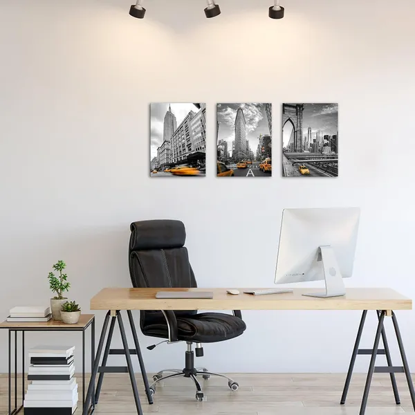 Multicolor_3_Piece_Black_and_White_New_York_City_Canvas_Wall_Art_Modern_Brooklyn_Bridge_NYC_Flatiron_and_Empire_State_Building_Picture_Prints_Orange_Taxi_Car_Painting_Home_Office_Decor_12x16inchx3pcs