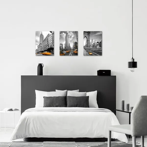 Multicolor_3_Piece_Black_and_White_New_York_City_Canvas_Wall_Art_Modern_Brooklyn_Bridge_NYC_Flatiron_and_Empire_State_Building_Picture_Prints_Orange_Taxi_Car_Painting_Home_Office_Decor_12x16inchx3pcs