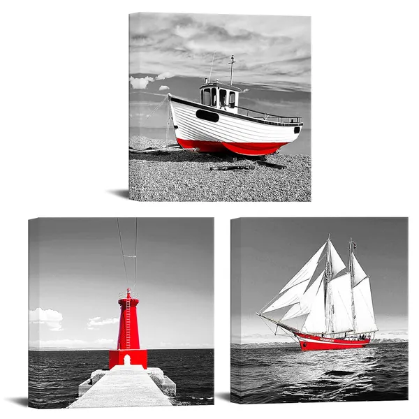 Multicolor_Black_and_White_Ocean_Boat_Canvas_Wall_Art_Beautiful_Seascape_Red_Lighthouse_and_Sailboat_Picture_Print_|_For_Living_Room_Bathroom_Modern_Home_Decor_Framed_12x12inchx3pcs