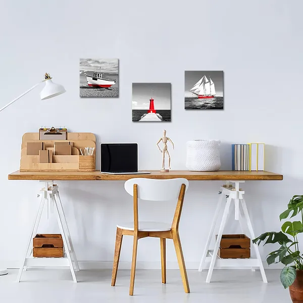 Multicolor_Black_and_White_Ocean_Boat_Canvas_Wall_Art_Beautiful_Seascape_Red_Lighthouse_and_Sailboat_Picture_Print_|_For_Living_Room_Bathroom_Modern_Home_Decor_Framed_12x12inchx3pcs