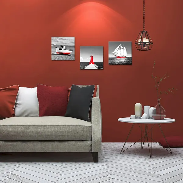 Multicolor_Black_and_White_Ocean_Boat_Canvas_Wall_Art_Beautiful_Seascape_Red_Lighthouse_and_Sailboat_Picture_Print_|_For_Living_Room_Bathroom_Modern_Home_Decor_Framed_12x12inchx3pcs