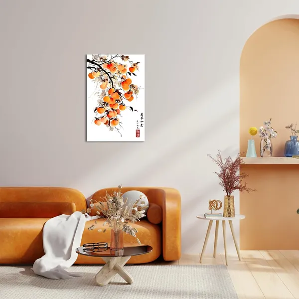 Multicolor_Asian_Wall_Art_Traditional_Chinese_Ink_Style_with_'May_everything_go_as_you_wish'_Quote_Canvas_Prints_Persimmon_on_Branch_Painting_Pictures_Oriental_Poster_Framed_|_For_Home_Decor_16x24inch