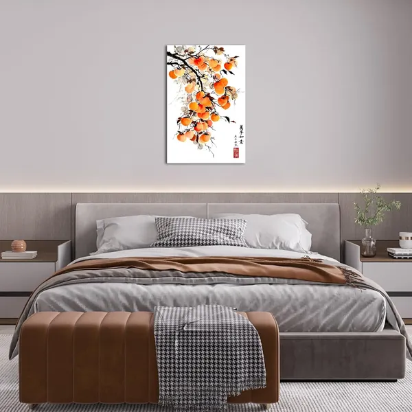 Multicolor_Asian_Wall_Art_Traditional_Chinese_Ink_Style_with_'May_everything_go_as_you_wish'_Quote_Canvas_Prints_Persimmon_on_Branch_Painting_Pictures_Oriental_Poster_Framed_|_For_Home_Decor_16x24inch