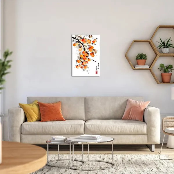 Multicolor_Asian_Wall_Art_Traditional_Chinese_Ink_Style_with_'May_everything_go_as_you_wish'_Quote_Canvas_Prints_Persimmon_on_Branch_Painting_Pictures_Oriental_Poster_Framed_|_For_Home_Decor_16x24inch