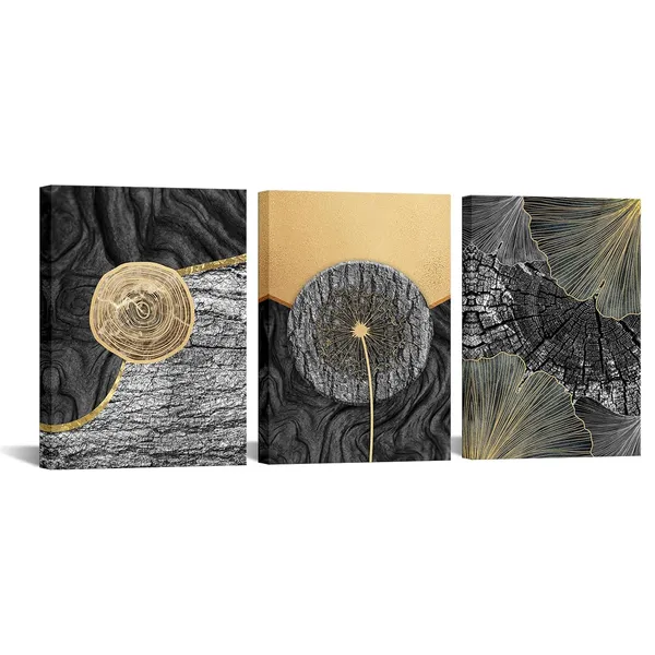 Multicolor_3_Pieces_Black_and_Gold_Tree_Ring_Wall_Art_Decor_Grey_Annual_Rings_Golden_Dandelion_Ginkgo_Leaf_Canvas_Prints_Nature_Bark_Texture_Picture_|_For_Modern_Home_Living_Room_Bedroom_12x16inchx3pcs