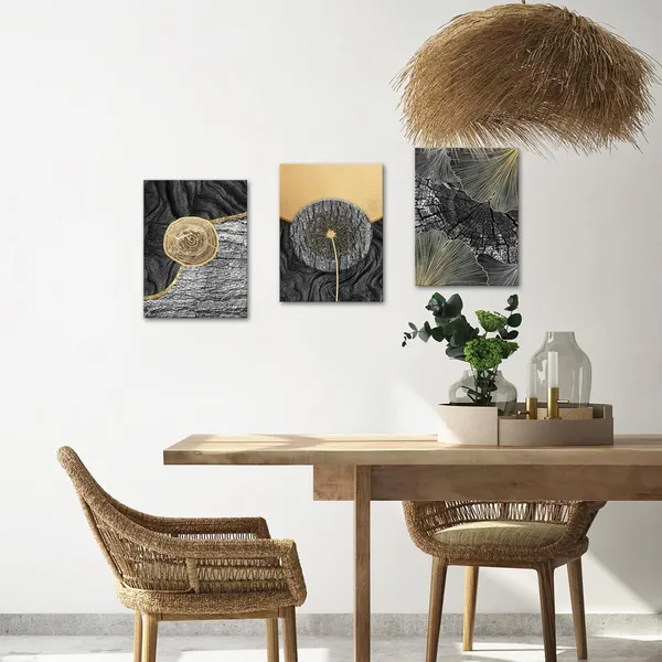 Multicolor_3_Pieces_Black_and_Gold_Tree_Ring_Wall_Art_Decor_Grey_Annual_Rings_Golden_Dandelion_Ginkgo_Leaf_Canvas_Prints_Nature_Bark_Texture_Picture_|_For_Modern_Home_Living_Room_Bedroom_12x16inchx3pcs