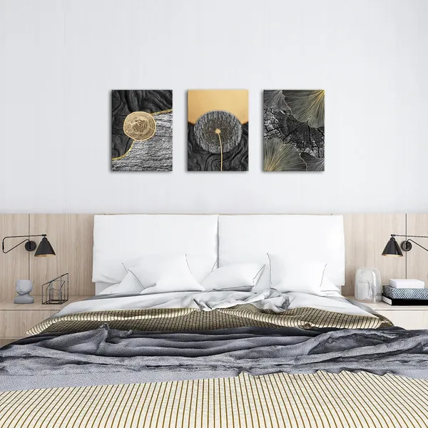 Multicolor_3_Pieces_Black_and_Gold_Tree_Ring_Wall_Art_Decor_Grey_Annual_Rings_Golden_Dandelion_Ginkgo_Leaf_Canvas_Prints_Nature_Bark_Texture_Picture_|_For_Modern_Home_Living_Room_Bedroom_12x16inchx3pcs