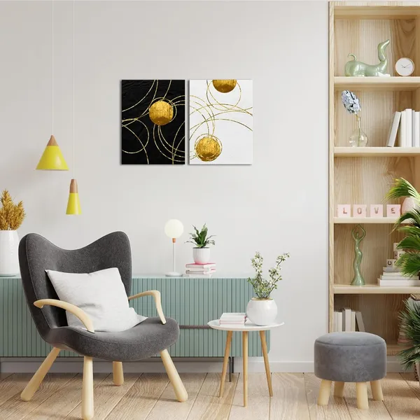 Multicolor_2_Pieces_Abstract_Black_White_and_Gold_Foil_Canvas_Wall_Art_Minimalist_Circles_and_Stripes_Painting_Print_Modern_Golden_Line_Interlaced_Home_Decor_|_For_Living_Room_Office_12x16inchx2pcs