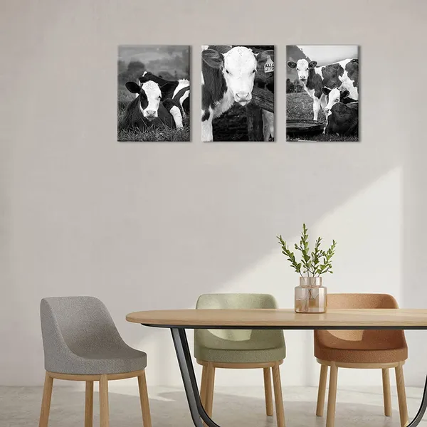 Multicolor_3Panel_Country_Farmhouse_Canvas_Wall_Art_Cattle_Cow_Pictuer_Painting_Wildlife_Home_Artwork_Print_Black_and_White_Bathroom_Office_Dining_Room_Decorate_12x16inchx3pcs
