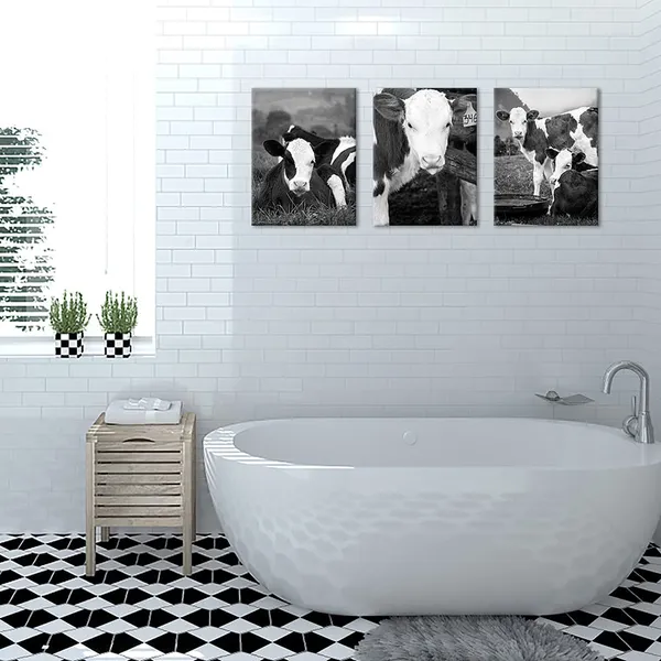 Multicolor_3Panel_Country_Farmhouse_Canvas_Wall_Art_Cattle_Cow_Pictuer_Painting_Wildlife_Home_Artwork_Print_Black_and_White_Bathroom_Office_Dining_Room_Decorate_12x16inchx3pcs