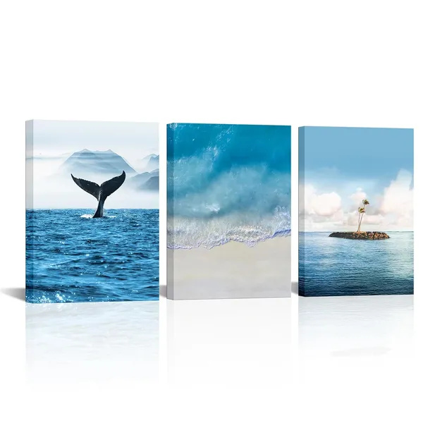 Multicolor_Beach_Ocean_Canvas_Wall_Art_Blue_Whale_Tail_and_Island_Coastal_Wall_Decor_Sea_Wave_Landscape_Painting_Pictures_Modern_Nature_Nordic_Artwork_Print_|_For_Home_Living_Room_Bedroom_12x16inchx3pcs