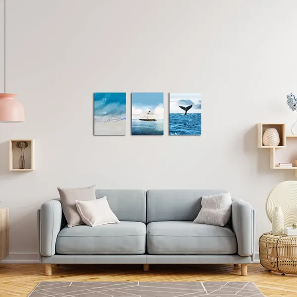 Multicolor_Beach_Ocean_Canvas_Wall_Art_Blue_Whale_Tail_and_Island_Coastal_Wall_Decor_Sea_Wave_Landscape_Painting_Pictures_Modern_Nature_Nordic_Artwork_Print_|_For_Home_Living_Room_Bedroom_12x16inchx3pcs