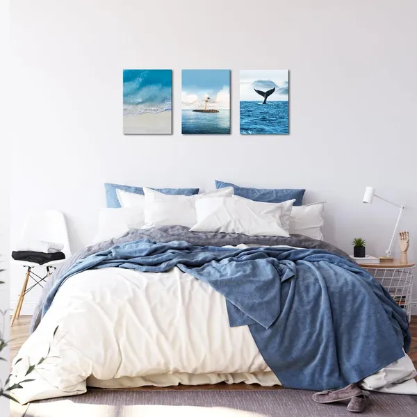 Multicolor_Beach_Ocean_Canvas_Wall_Art_Blue_Whale_Tail_and_Island_Coastal_Wall_Decor_Sea_Wave_Landscape_Painting_Pictures_Modern_Nature_Nordic_Artwork_Print_|_For_Home_Living_Room_Bedroom_12x16inchx3pcs