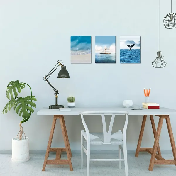 Multicolor_Beach_Ocean_Canvas_Wall_Art_Blue_Whale_Tail_and_Island_Coastal_Wall_Decor_Sea_Wave_Landscape_Painting_Pictures_Modern_Nature_Nordic_Artwork_Print_|_For_Home_Living_Room_Bedroom_12x16inchx3pcs