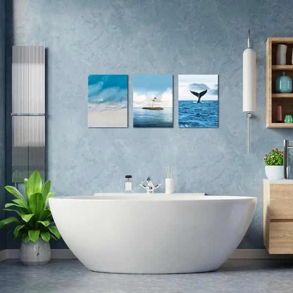 Multicolor_Beach_Ocean_Canvas_Wall_Art_Blue_Whale_Tail_and_Island_Coastal_Wall_Decor_Sea_Wave_Landscape_Painting_Pictures_Modern_Nature_Nordic_Artwork_Print_|_For_Home_Living_Room_Bedroom_12x16inchx3pcs