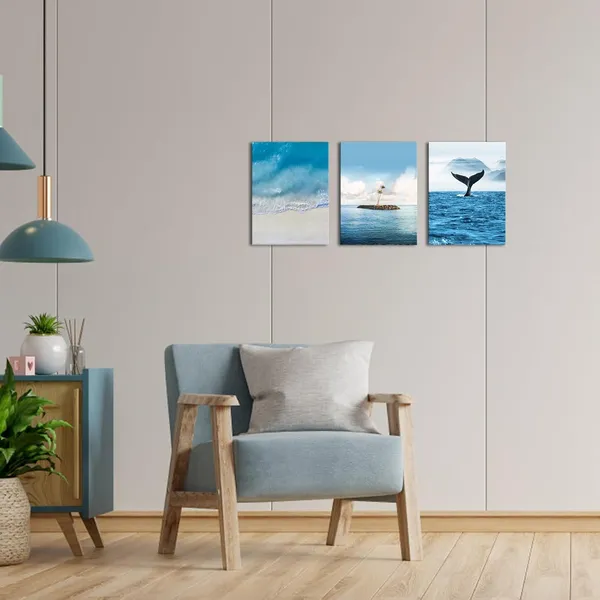 Multicolor_Beach_Ocean_Canvas_Wall_Art_Blue_Whale_Tail_and_Island_Coastal_Wall_Decor_Sea_Wave_Landscape_Painting_Pictures_Modern_Nature_Nordic_Artwork_Print_|_For_Home_Living_Room_Bedroom_12x16inchx3pcs