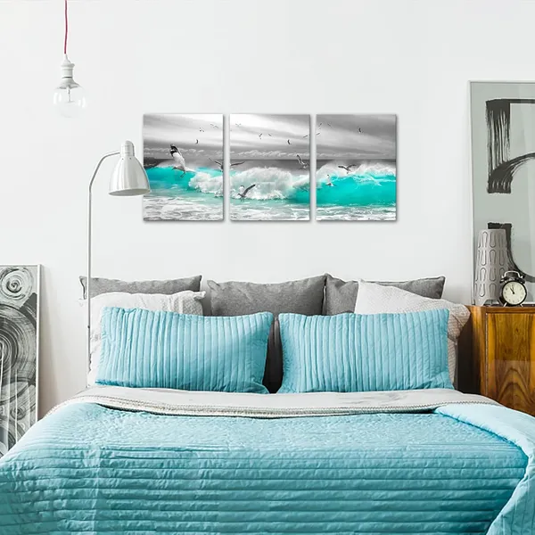 Multicolor_3_Piece_Ocean_Waves_Wall_Art_Teal_Blue_Sea_Beach_Wave_Canvas_Prints_Black_and_White_Seagull_Birds_Seascape_Pictures_Painting_Coastal_Theme_Artwork_Decor_|_For_Living_Room_12x16inchx3pcs