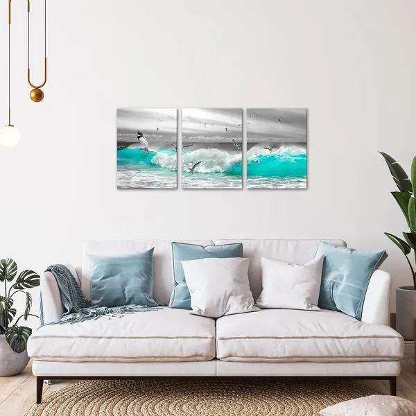 Multicolor_3_Piece_Ocean_Waves_Wall_Art_Teal_Blue_Sea_Beach_Wave_Canvas_Prints_Black_and_White_Seagull_Birds_Seascape_Pictures_Painting_Coastal_Theme_Artwork_Decor_|_For_Living_Room_12x16inchx3pcs