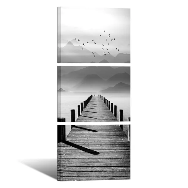 Multicolor_Black_and_White_Lake_Mountain_Wall_Art_Pier_with_Birds_Flying_Pictures_Prints_Vertical_Calm_Wharf_Landscape_Canvas_Painting_|_For_Aisle_Corridor_Office_Bedroom_Home_Decor_12x16inchx3pcs